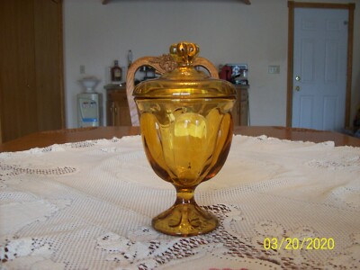 Viking Glass Mid-Century Modern Gold Honey Amber Covered Pedestal Candy Dish