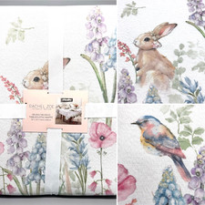 Tahari Easter Bunny Birds Tablecloth 60x120 Wild Flower Garden Silver Shimmer