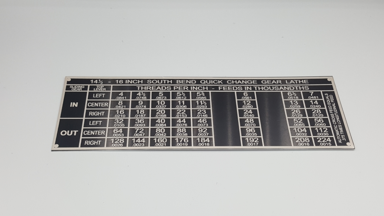 South Bend Lathe Threading Chart Tag - 14-1/2" & 16" Swing - Aluminum, New