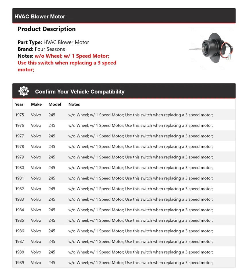 Motor soplador de climatización Volvo 245 1975-1989 4 estaciones 1976 1977 1978 1979 1980 Foto 2 de 4