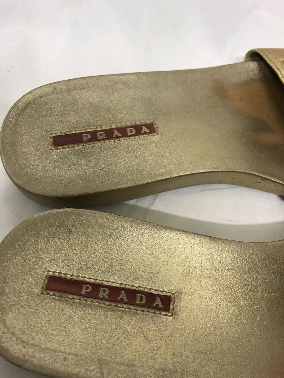 Sz 39 PRADA Logo Gold Saffiano Leather Slide Sandal Flat Shoes for 