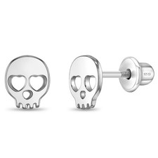 Heart-Eyed Bones Kids / Children's / Girls Earrings Screw Back - Sterling Silver