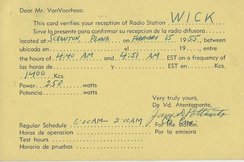 1955  Broadcast radio station  WICK  Scranton Pennsylvania    QSL radio postcard