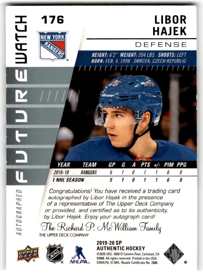 2019-20 SP Authentic Future Watch Libor Hajek Rookie Auto /999 #176 New York - Image 2 of 2