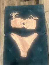 Zaful Textured O-Ring Bandeau Bikini Set Light Pink Size L