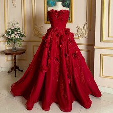 Red Flower Wedding Dress Customized Strapless Sleeveless Pleat Sweep Train Back