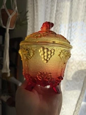 1960's Jeannette Amberina Footed Lidded Candy Dish Cadmium UV Reactive