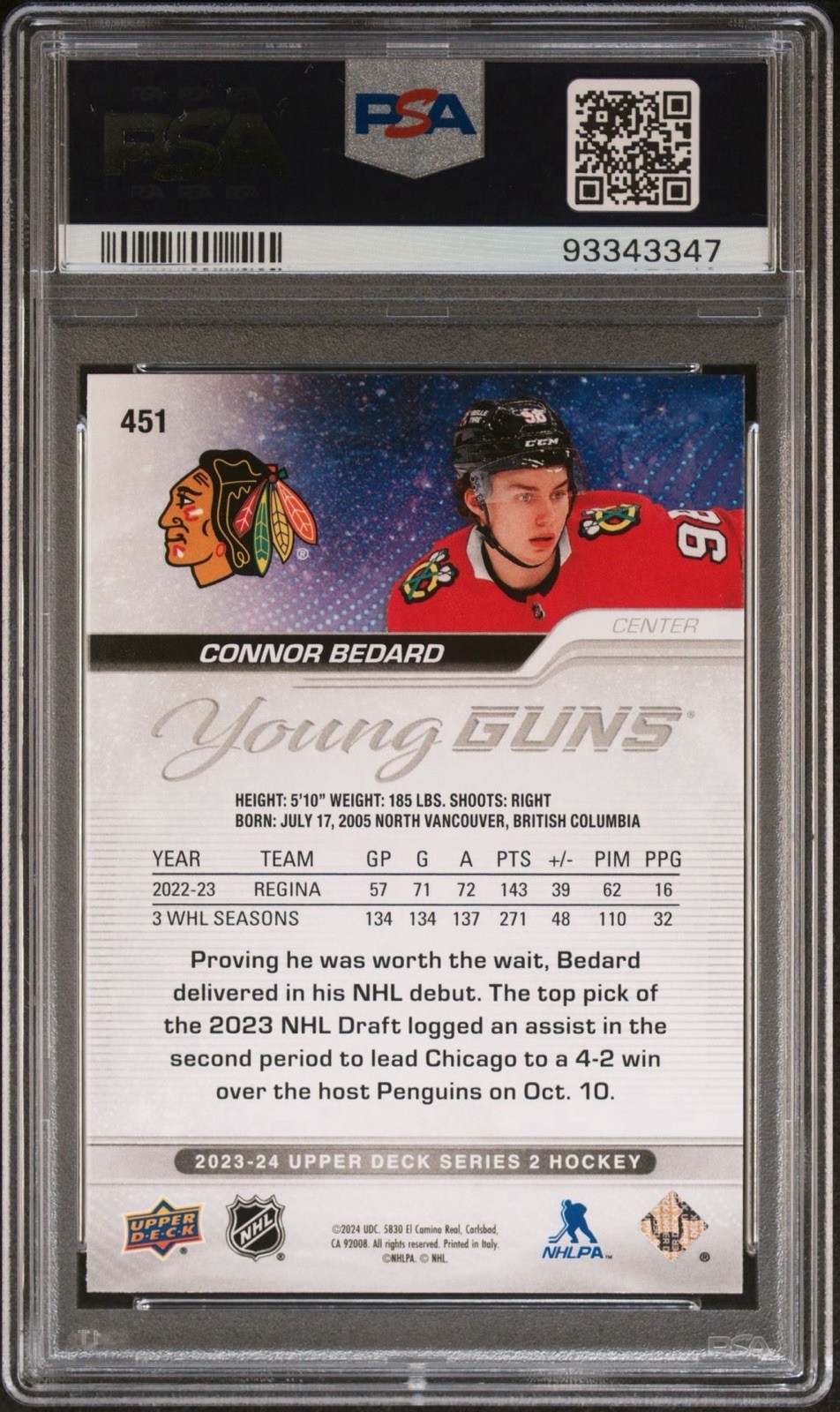 Upper Deck 2023-24 Series 2 Young Guns Connor Bedard #451 Blackhawks RC PSA 10 view 2