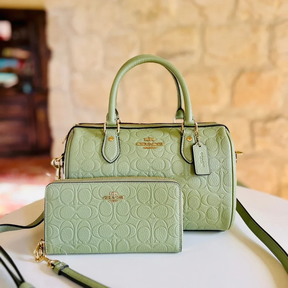 Coach Rowan Satchel Bag In Signature Leather CEW03 Gold/Pistachio