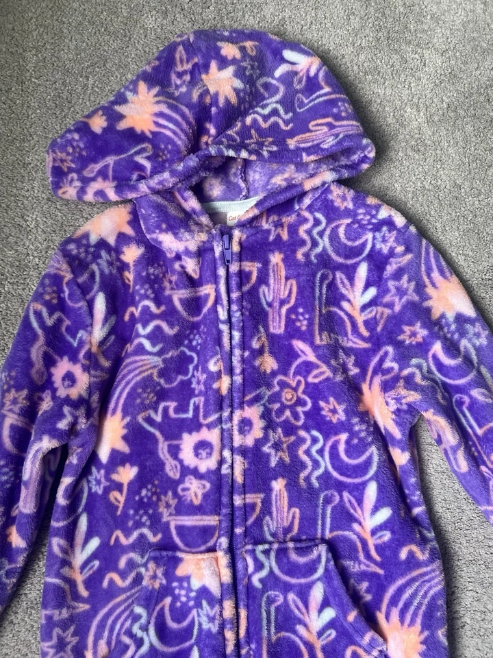Cat&Jack Girls Sleepwear Suit M(7/8) Long Sleeve 1 Piece Pockets Hooded Purple - Image 3 of 4