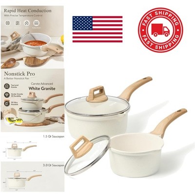 Nonstick Cooking Pot Set 1.5Qt 3Qt White Granite Induction Compatible Cookware