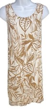 Large Tahari Linen Shift Dress Sleeveless Beige & Brown Tropical Leaves Floral