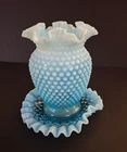 VTG FENTON Blue Opalescent Hobnail Vase 6.5" H and Underplate 6"