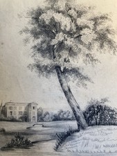 Large drawing 19th century 1850 pencil landscape study ancient tree to identify castle