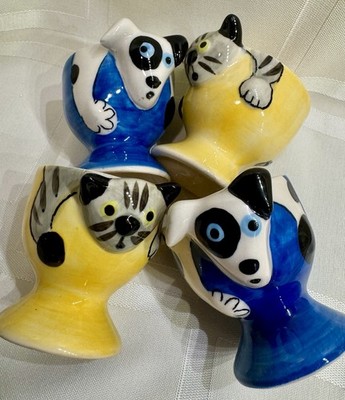 4 Vintage British 3D Dog & Cat Eggcups, Cheery Yellow And Cobalt Blue FLAW