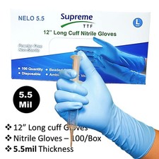 Blue Powder Free Nitrile Disposable Gloves 12" Extra Long Cuff Heavy Duty 5.5mil