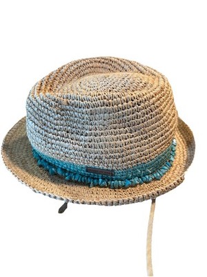 House of Ord Roxy Cape Town 100% Raffia Straw Hat Blue Beaded Band Size 58cm