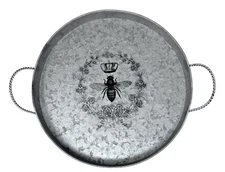QUEEN BEE WITH CROWN SILVER GREY GALVANIZED METAL 13.75" ROUND TRAY