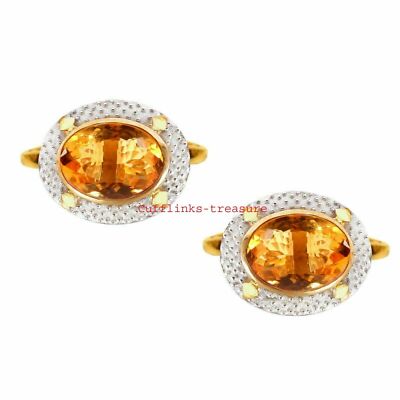 Natural Citrine Gemstone 925 Sterling Silver Gold Plated Cufflinks For Men's #45