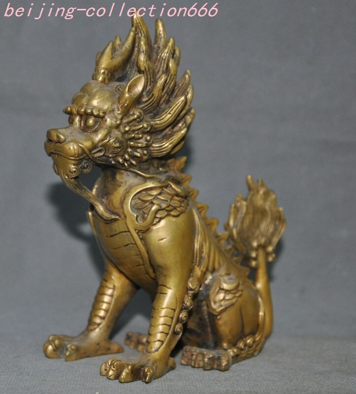 6'' Chinese bronze Kirin Unicorn Kylin Chi-lin Qilin dragon Head