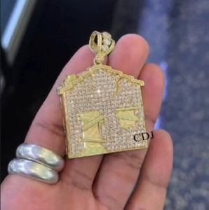 Authentic Trap House Pendant For Men's In D/VVS Moissanite 14k Yellow Gold Plated Silver