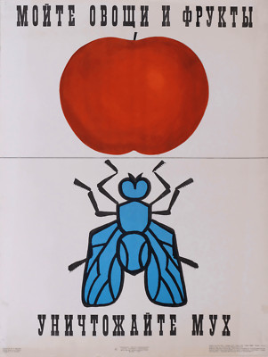 Original (1975) Sowjetisches Litauisches Poster | Waschen Sie Obst & Gemüse, um Fliegen zu töten