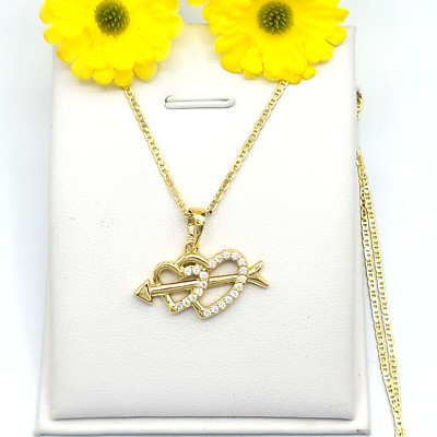 14K Gold Plated Double Heart & Arrow Pendant & Chain Necklace. Gift