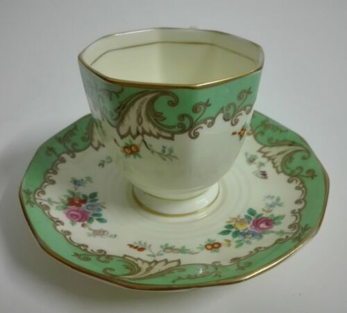 Vintage Plant Tuscan China c1930s Green Multicolored Flowers Cup and Saucer - Picture 6 of 12