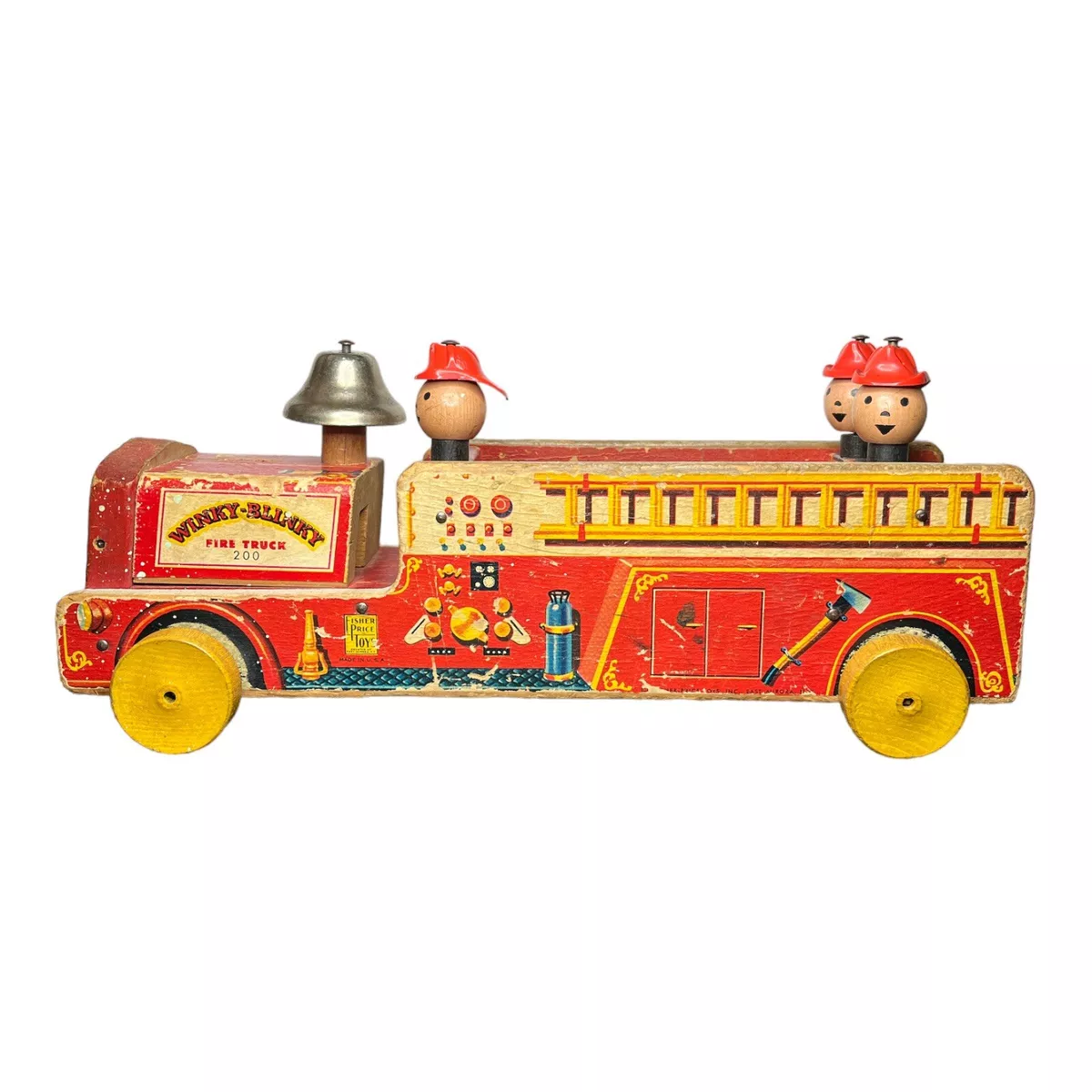 Vintage Fisher Price Winky Blinky Fire Truck 200 Wood Pull Toy