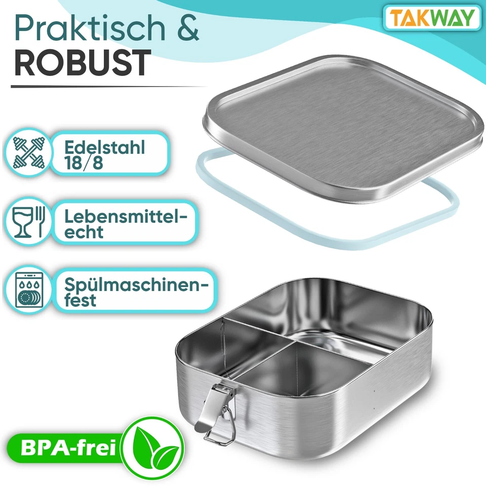 TAKWAY Edelstahl Brotdose mit Fächern 800ml | auslaufsichere Lunch Box | B-Ware - Bild 2 von 4