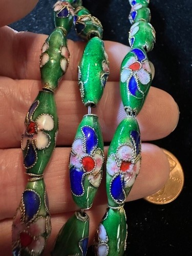 Pair Vintage Chinese Cloisonne Enamel Beads Long Tapered Tube Flowers 20mm x 7mm - Picture 21 of 24
