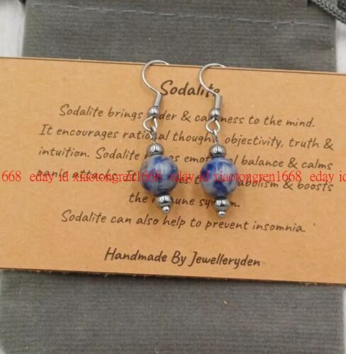 Handmade Sodalite Crystal Healing Gemstone Chakra 8mm Bead Hook Earrings - Picture 4 of 12