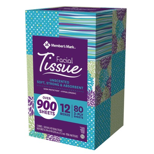 Member's Mark Ultra Soft Facial Tissues, 12 Cube Boxes, 80 3-Ply Tissues per Box