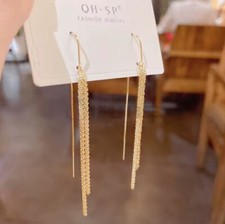 Gold Sterling Silver Long Tassel Double Chain Dangle Drop Earrings for Women