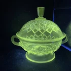 Vtg Large Clear Depressed Glass Waffle Candy Dish/lid Manganese Glow.      12p