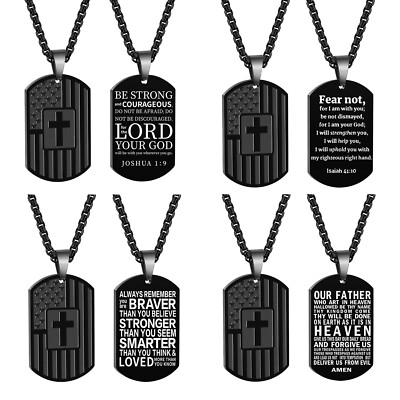 Men Boys American Flag Bible Verse Pendant Dog Tag Cross Inspirational  Necklace