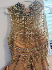 Sherri Hill Prom Pageant Dress High Neck Beaded Nude And Gold Dress Size 14