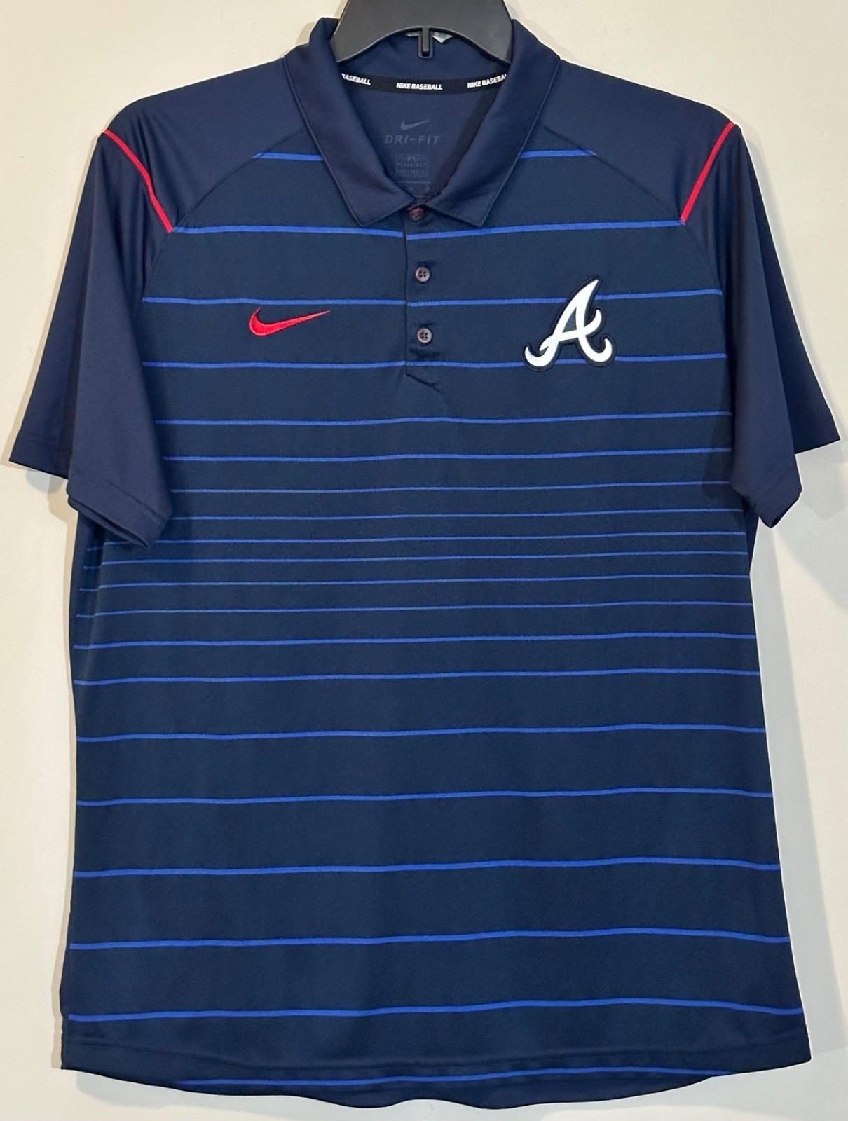 Nike Dri-fit Atlanta Braves Polo Shirt Men’s Size XL Navy Blue Stripes Sewn Logo
