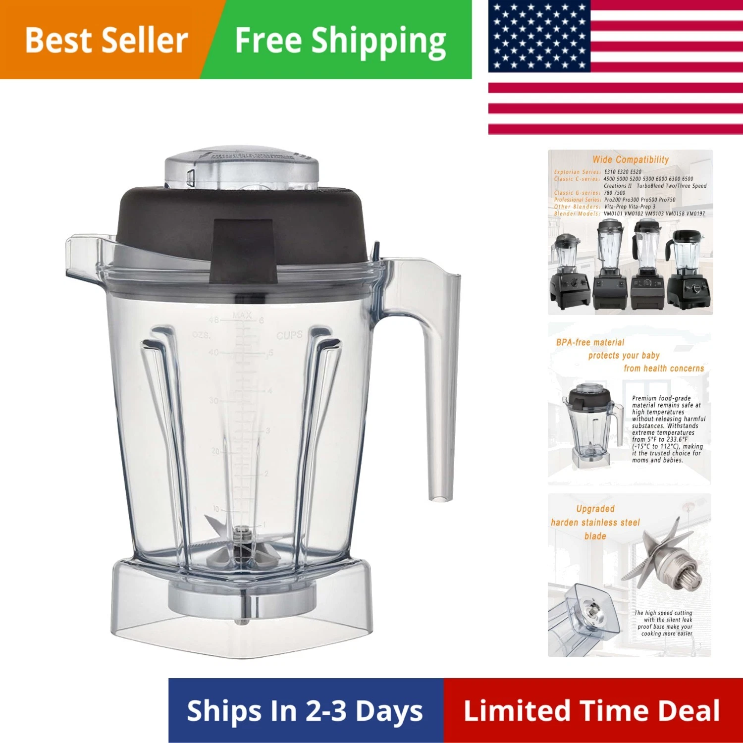 for Blenders 48oz Container, replace E310 E320 5000 5200 6300 6500 7500 Pro 2...