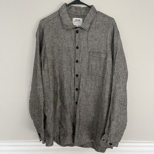 Flax Mens Linen Jeanne Engelhart Diagonal Stripe Gray Black Button Shirt Small - Picture 1 of 12