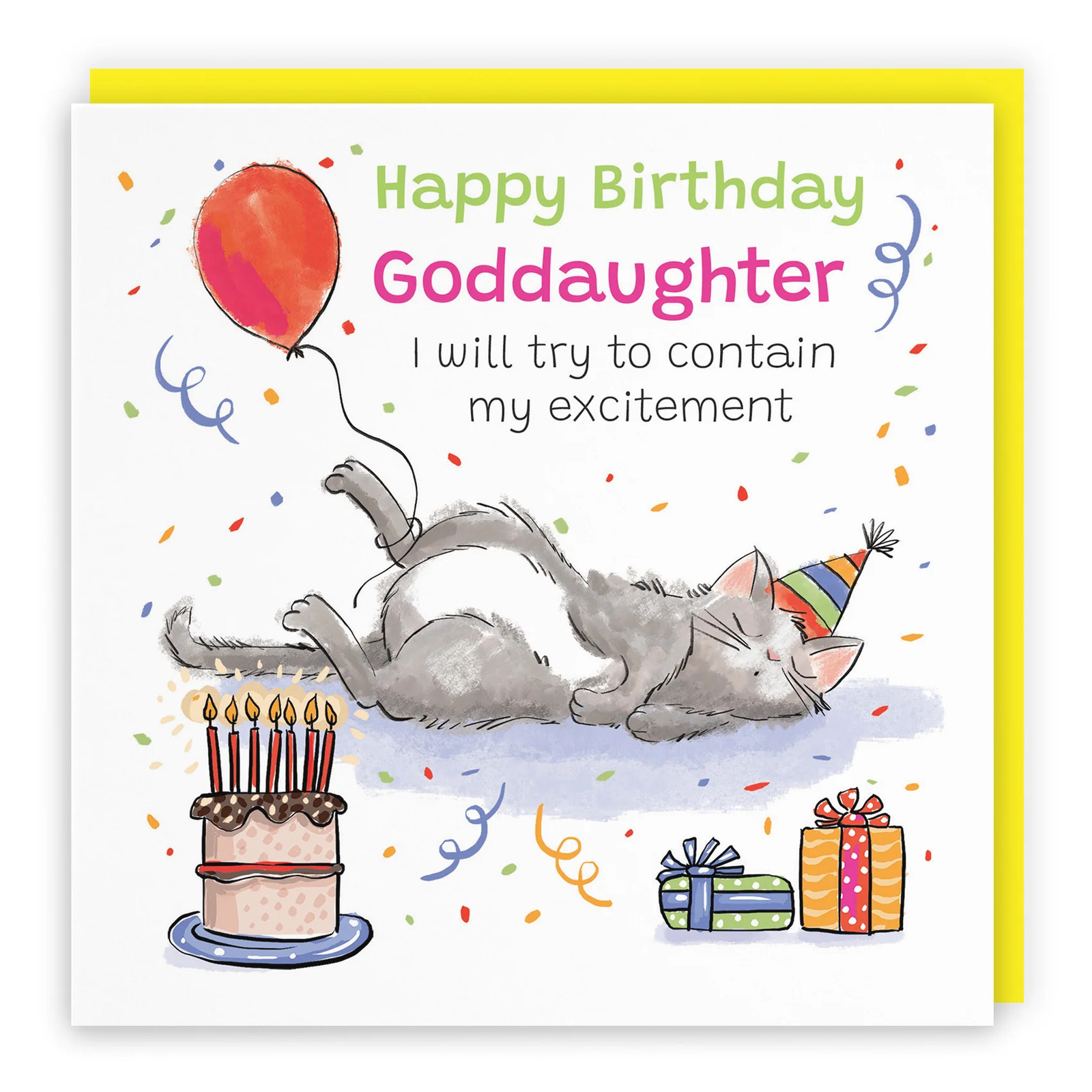 Goddaughter Birthday Card Sleepy Cat Animal Party