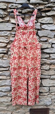 Austin Clothing Co Linen Overalls L Gardening Jumpsuit Khaki Red Floral Pockets