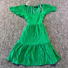 Lulus Fit & Flare Dress Womens XS Green Crinkle Tiered Ruffle Hem Flutter Sleeve