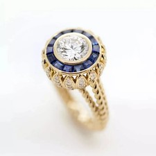 2Ct Art Deco Style Lab Created Diamond  Blue Sapphire Halo Ring 14K Gold Plated