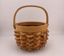 Vintage Handwoven Porcupine Curl Basket with Rivetted Wooden Handle - LR2