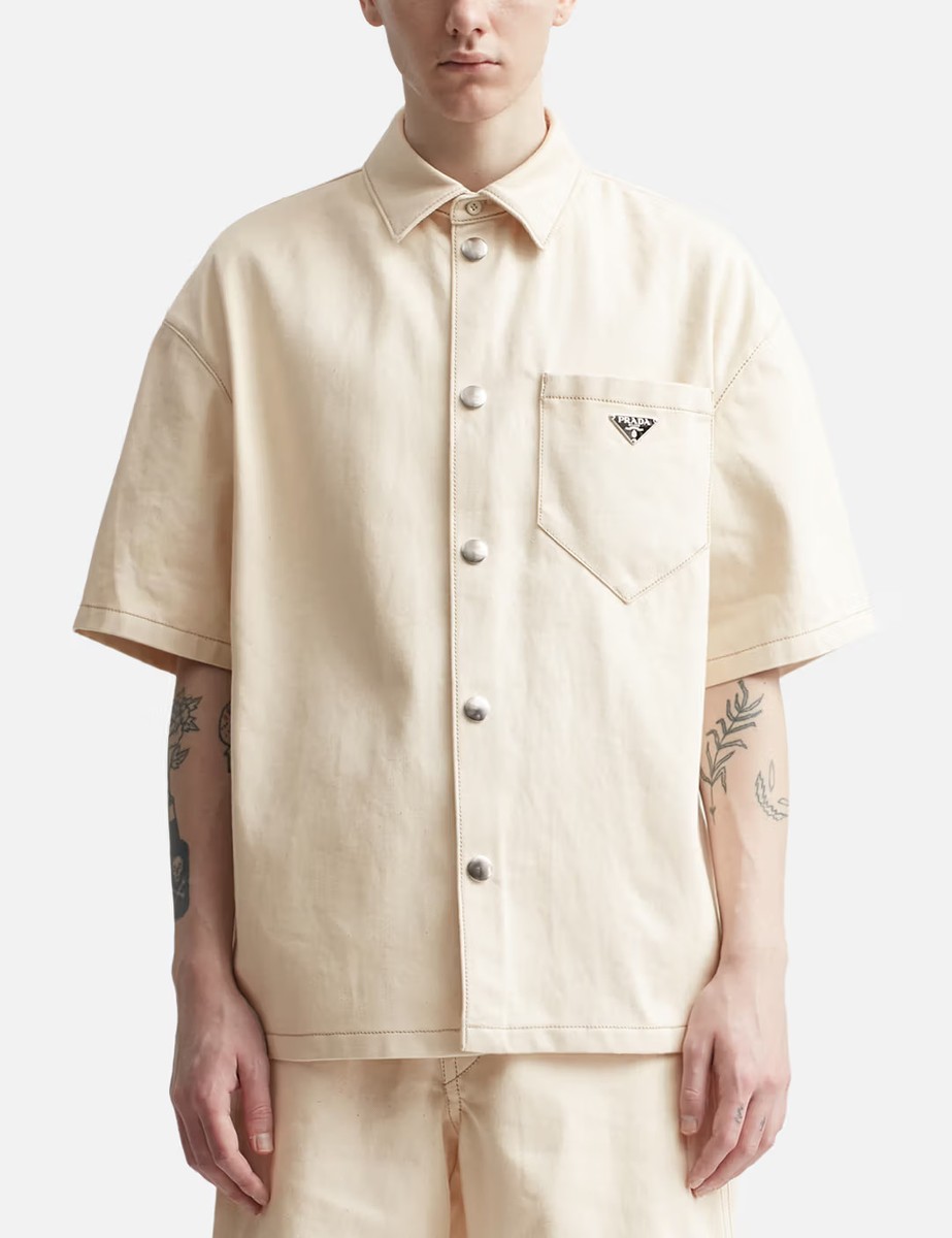 Prada Milano Beige Bull Denim Short Sleeve Shirt XL Cotton Snap