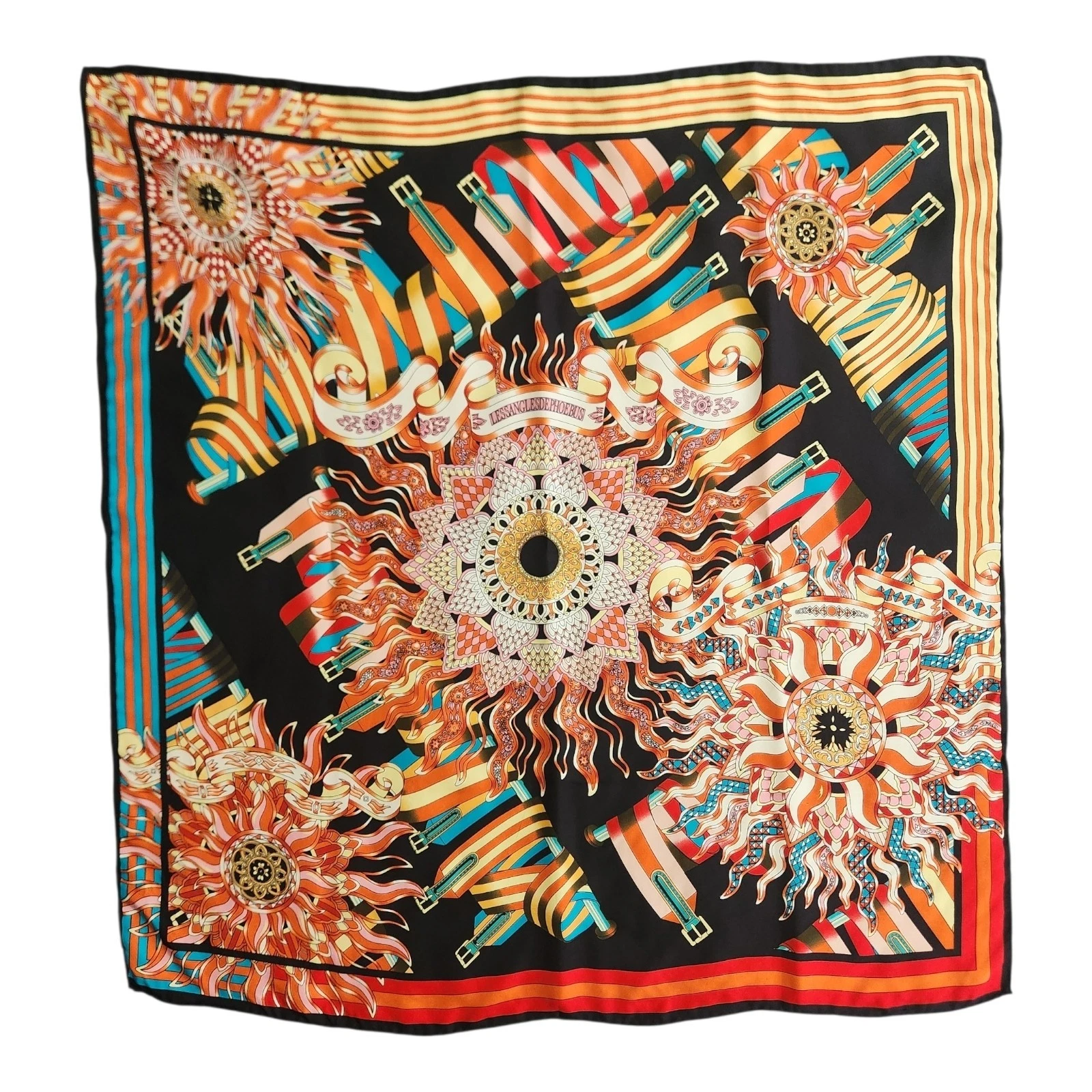 Silk Twill Scarf Sunburst Mandala Striped Ribbon Design Hand-Rolled 34" Square