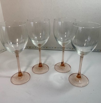 4 Vtg 1970s Crystal Wine Glasses Luminarc Rose Pink Stem 12 oz Barware France