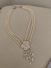 Statement Multi Strand Faux Pearl Necklace with 3D Flowers
