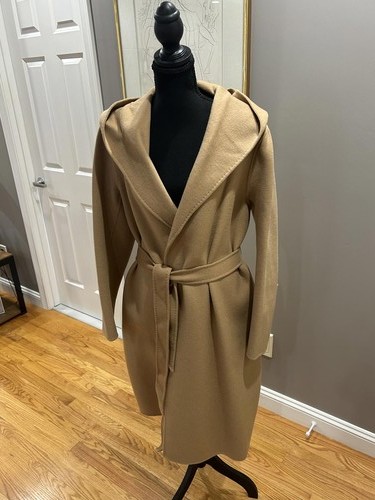 HOBBS London Camel Hooded Belted Wool Coat Sz Lg
